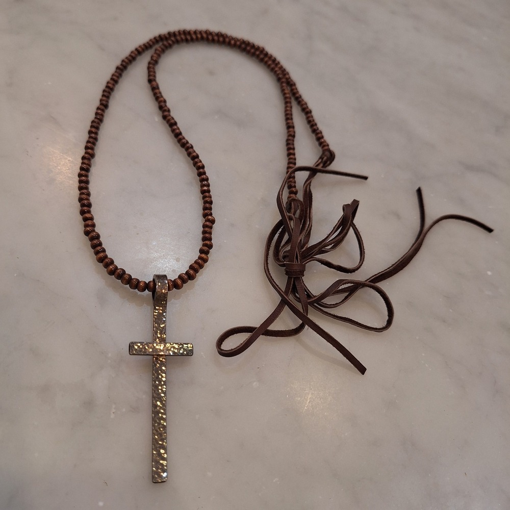 Cross Boho Necklace Brown Wood Bead Leather Cord Hammered Metal Cross